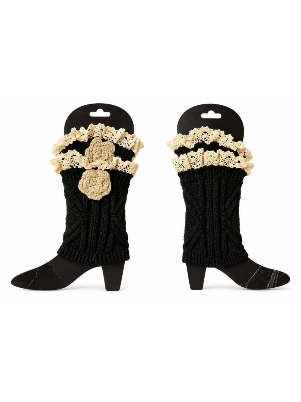 Women’s Black Cable Knit Boot Cuffs with Cream Lace Trim and Crochet Flowers
